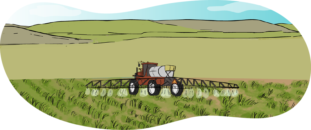 An illustrated sprayer is shown with mist coming out of the booms.