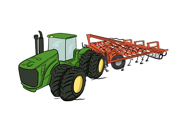 An illustrated cultivator is being pulled by a current-style tractor.