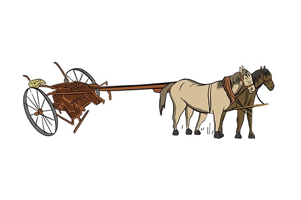 An illustrated cultivator that is being pulled by a horse is shown.