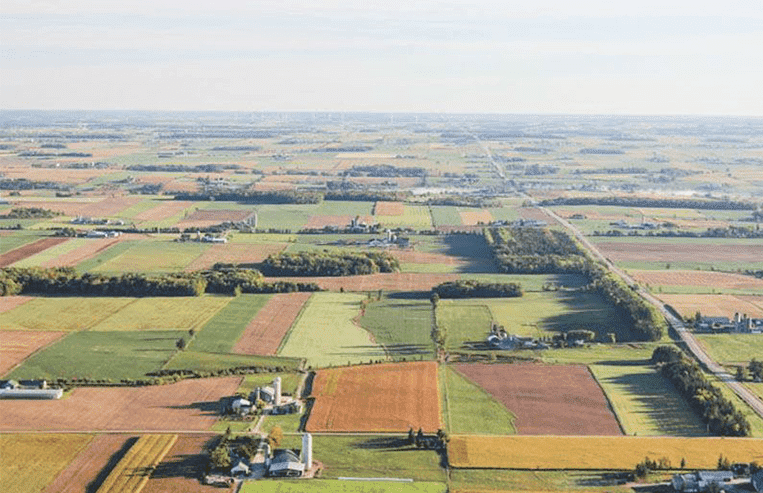An aerial view of Saskatchewan looks like patchwork on a quilt, with all of the fields being different shades of green, yellow, and brown. 