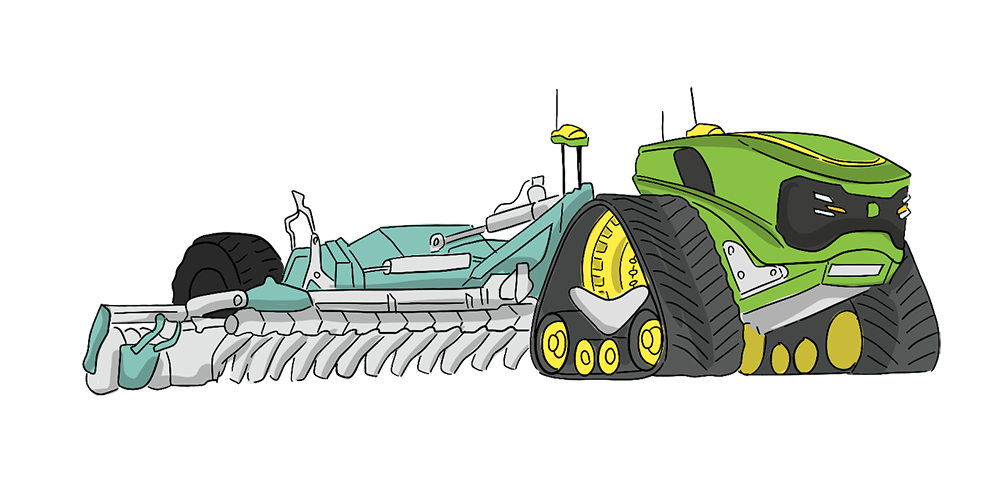 An illustrated tractor pulls a disker.