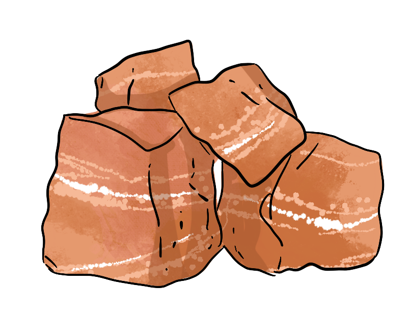 An illustrated pile of pinkish-red potash rocks have white marbled throughout them. 