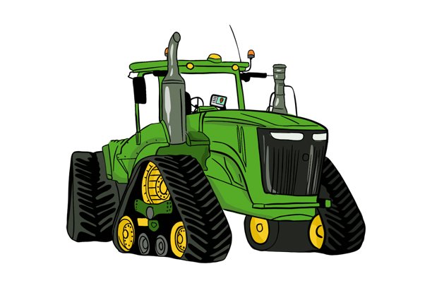 An illustrated green tractor with tracks is shown.