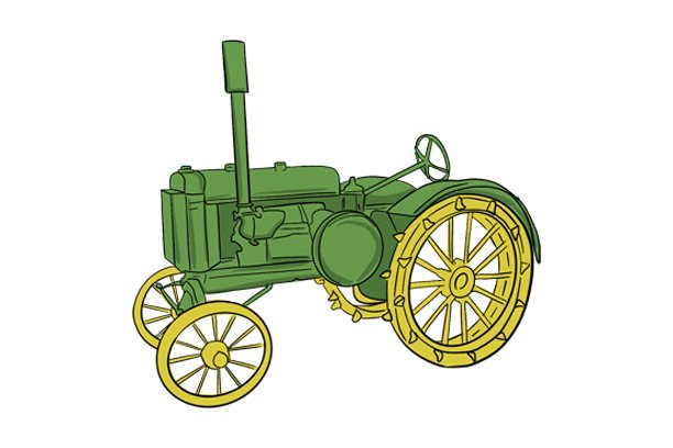 An illustrated green and yellow, old-style tractor is shown.