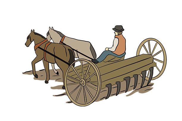 An illustrated cultivator that is being pulled by a horse is shown.