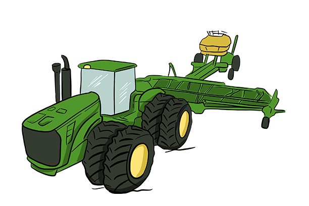An illustrated cultivator is being pulled by a current-style tractor.