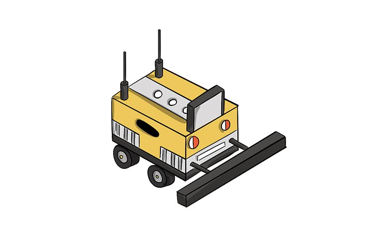An egg collector robot collects eggs in a chicken pen as chickens watch it.
