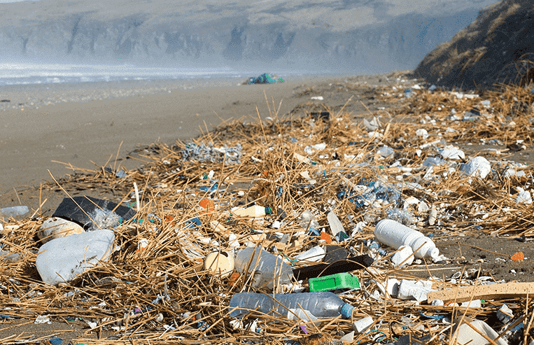 A beach is shown littered with plastic products and bottles.