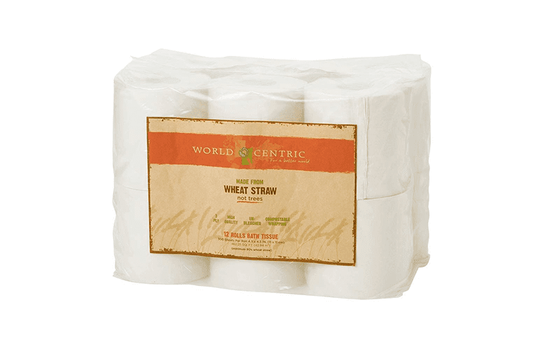 A package of toilet paper is shown with a label on it that says “Made from wheat straw, not trees.”