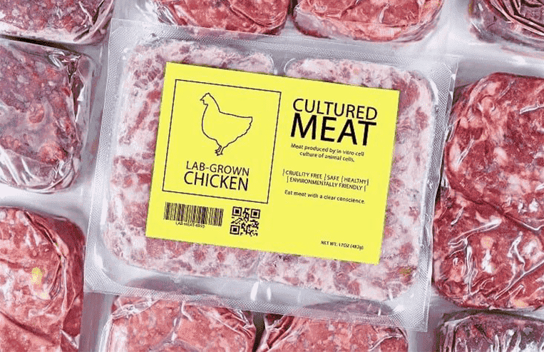 Packages of cultured meat are shown at a grocery store.