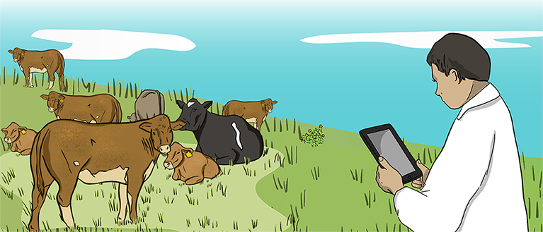 Two illustrated scientists work in a greenhouse full of plants. One of the scientists is using a microscope and checking plants. The other scientist is helping nearby and collecting data. 