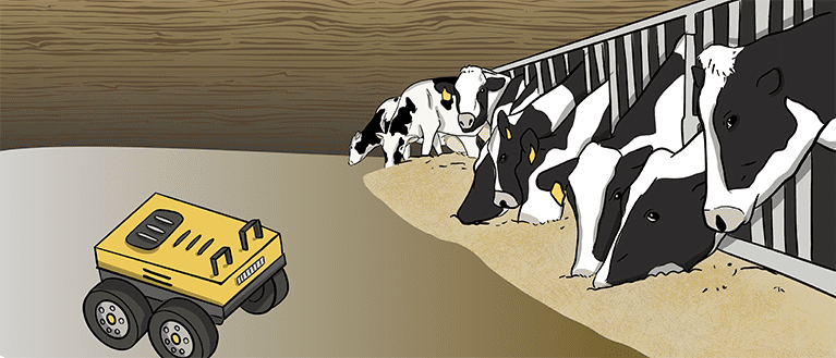 An illustrated drone sprays the canola crop below it. A farmer stands on the edge of the field monitoring the results. 