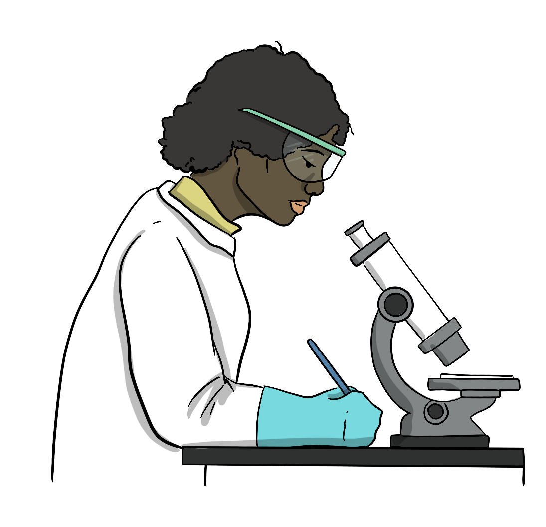 An illustrated scientist is looking into a microscope and taking notes.