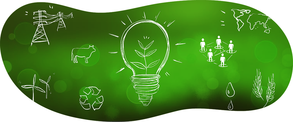 An illustrated lightbulb has a plant inside of it. There are symbols for recycle, wind turbines, a cow, wheat, power lines, a world map, connecting people, and a water drop.