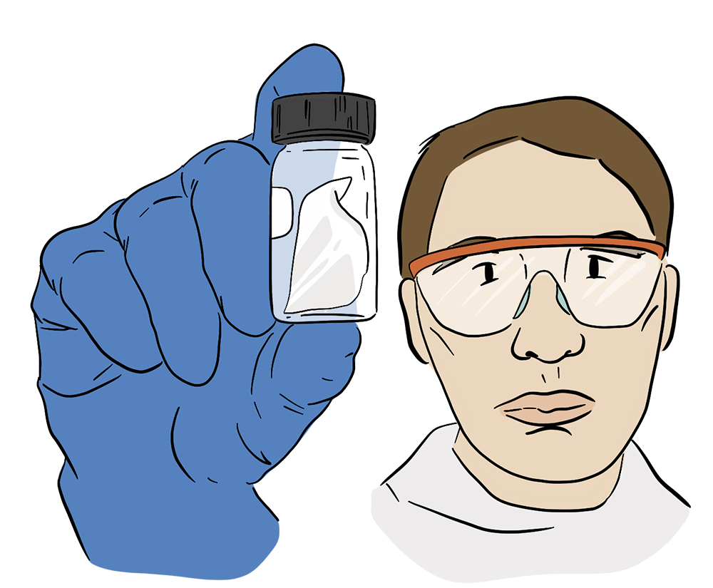 Lab plastics An illustrated scientist holds up a small test tube in front of his face.