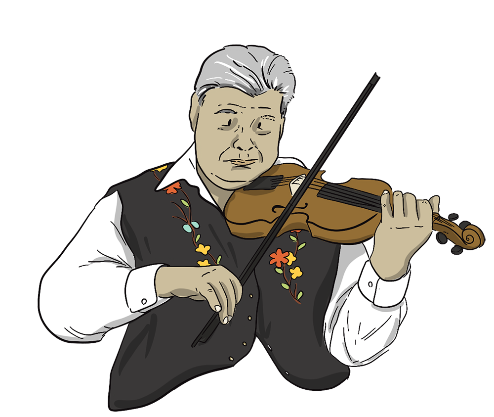 An illustrated Metis man is wearing a vest with flowers on it as he plays the fiddle.