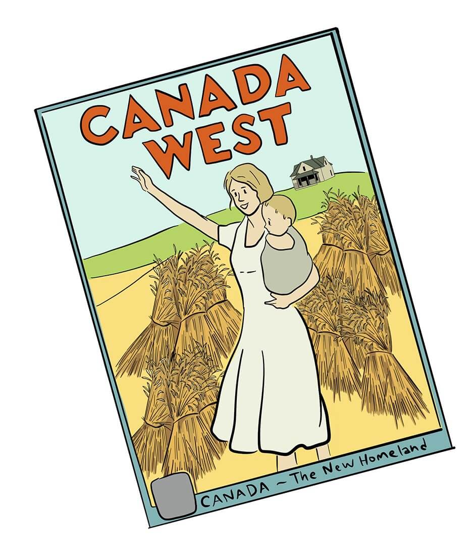 Illustrated corn and squash sit next to a basket with beans in it.