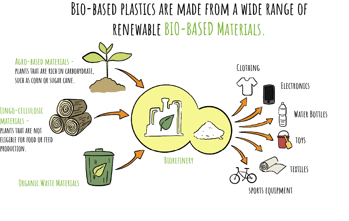 Bio plastics flow chart 2 An illustration shows the steps of where some bioplastics come from and what they are made into. Ag-based materials, lingo-cellulosic materials, and organic waste materials are taken to a biorefinery and made into clothes, electronics, water bottles, toys, and sports equipment.