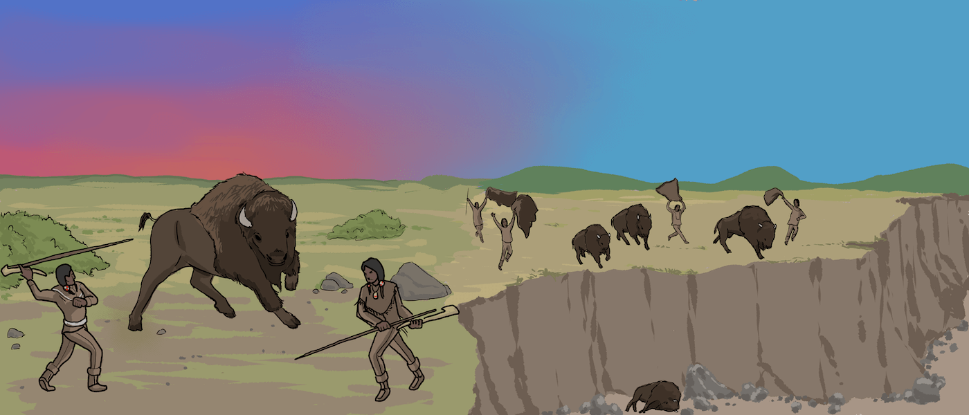 Two illustrated First Nations people talk to each other. Another man sits by a campfire by a tipi and a woman walks by.