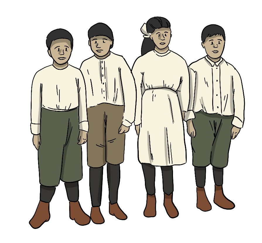 A group of four illustrated First Nations children have short haircuts and European clothes on. 