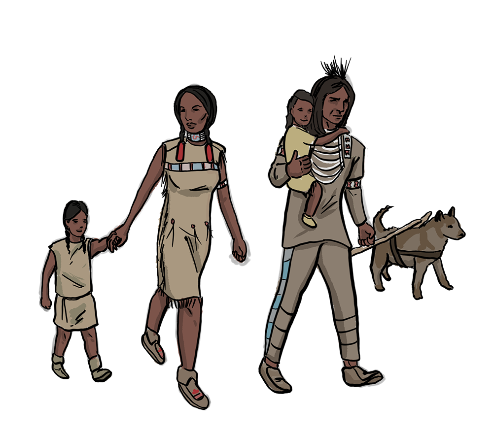 An illustrated man holding a small child, woman and child are walking. A dog is in the background.