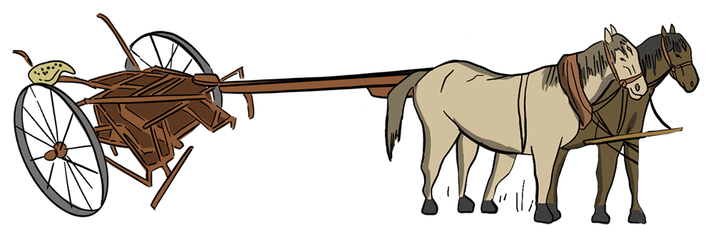 Two illustrated horses are pulling a steel cultivator.