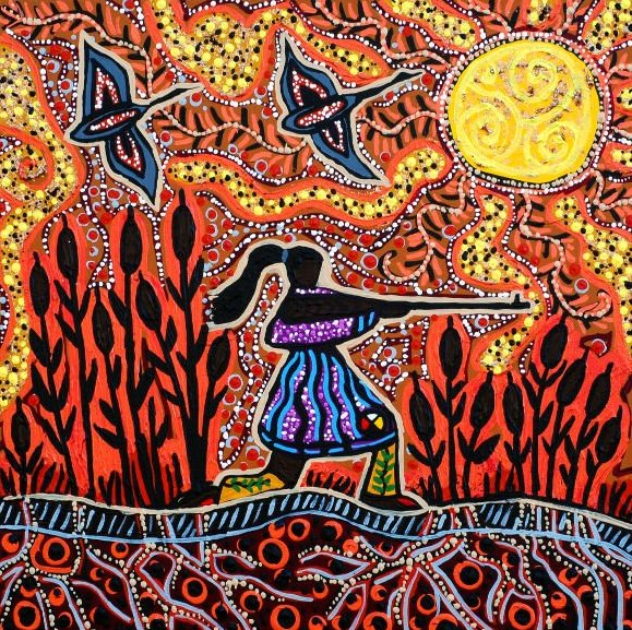 A mosaic showing a hunter with a gun, two geese and a moon in the sky.