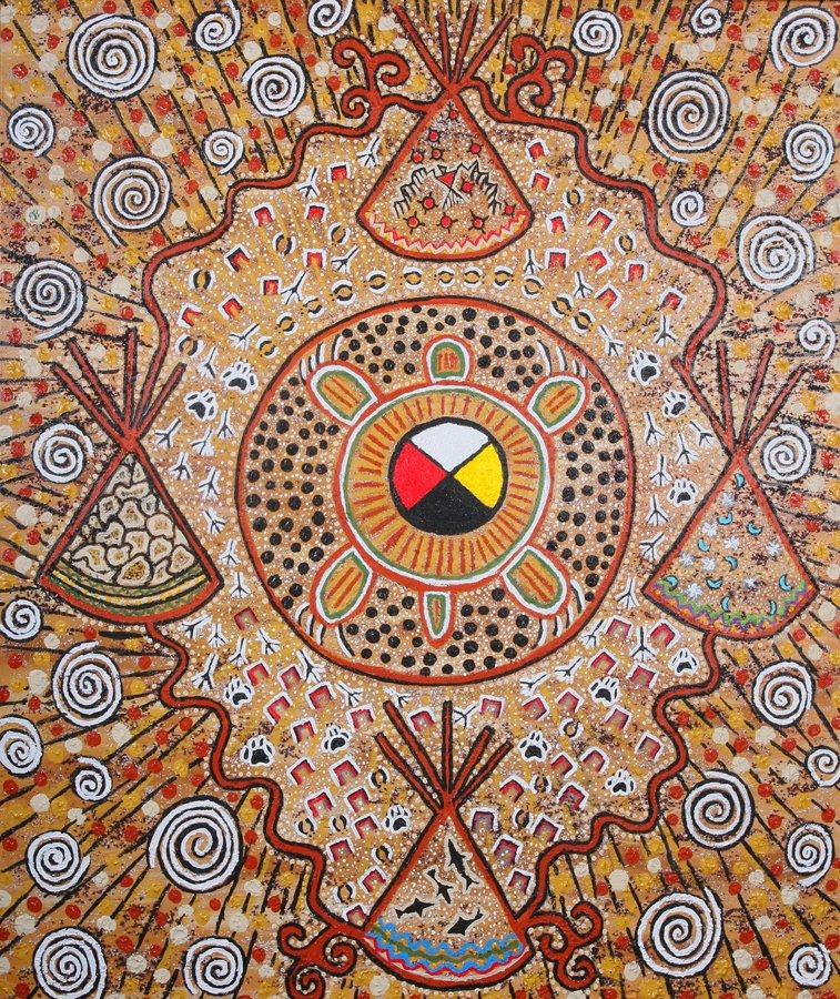 A hand-painted mosaic featuring a large circle is surrounded by tipis.