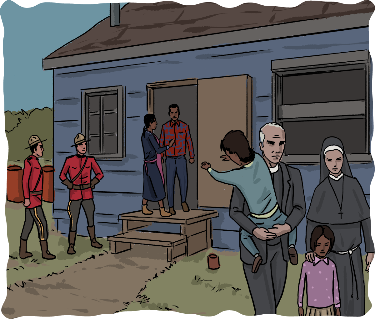 Four illustrated First Nations people sit around a fire.