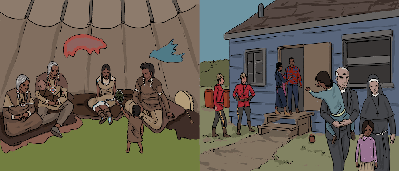 An illustration is split into two sides. The left side shows an Indigenous man kneeling behind a stone while bison are walking on the other side. The right side shows an Indigenous man standing at a table with a White man sitting behind it writing.