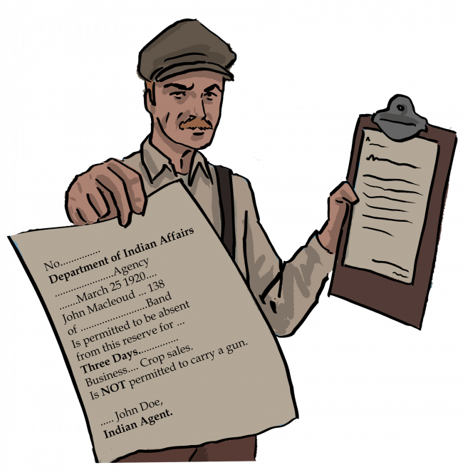 An illustrated Indian Agent is angrily handing over a paper that says that a First Nations man isn't permitted to carry a gun. 