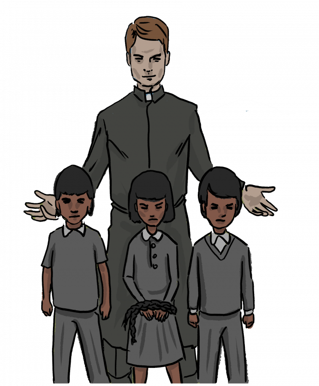 Four illustrated First Nations people sit around a fire.