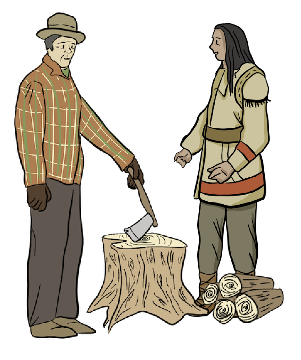 An illustrated farmer talks with an Indigenous man.