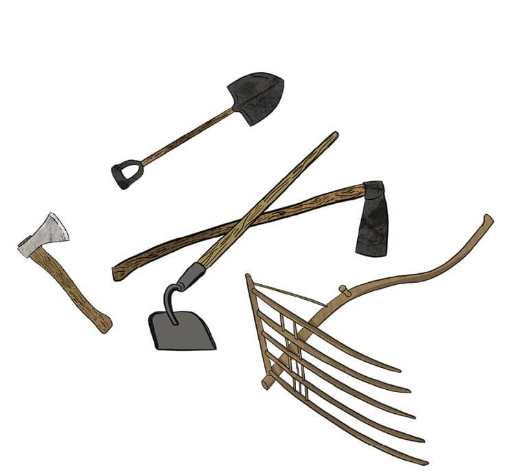 A group of illustrated hand tools including a shovel, axe, cradle scythe, and a hoe.