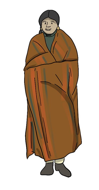 An illustrated Indigenous woman stands with a blanket wrapped around her body.