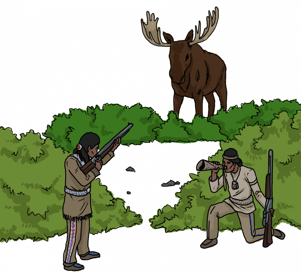 One First Nations man is kneeling holding a gun and blowing into a horn, another First Nations man is standing and pointing a gun at a Moose. There are trees around. 
