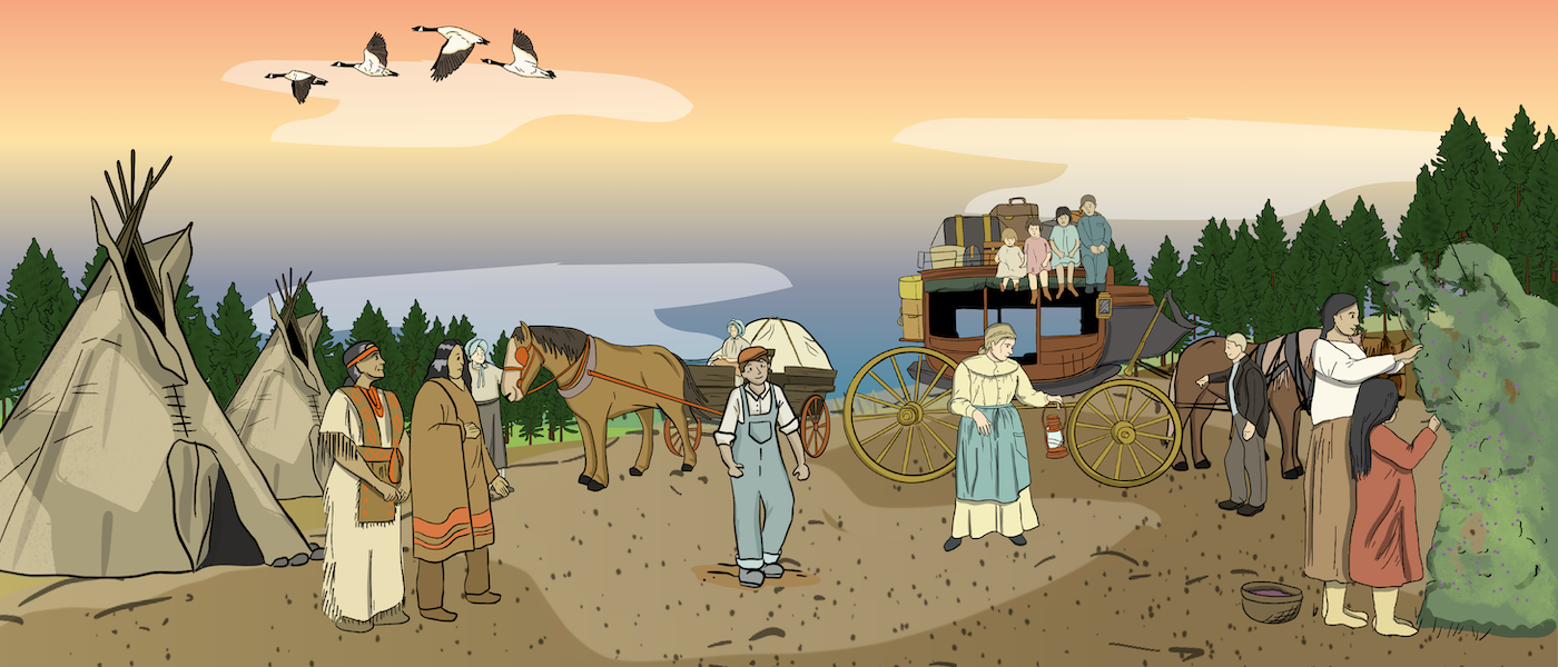 Two illustrated wagons are loaded with suitcases and are being pulled by horses across the prairie. Families walk alongside and ride on the wagons.
