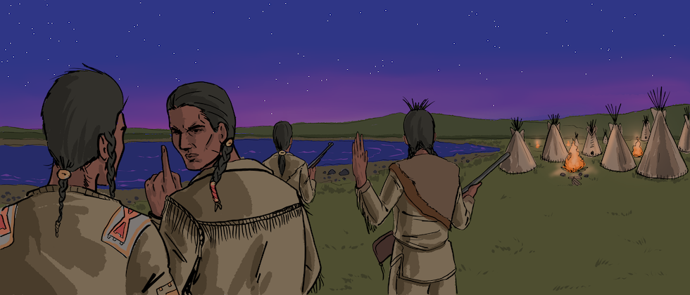 A group of Indigenous people are sitting and standing together by a campfire with a tipi in the background and a woman using snowshoes.