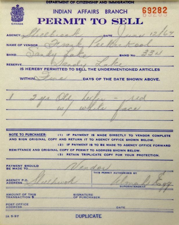 An aged ‘Permit to Sell’ paper with hand-writing on it.