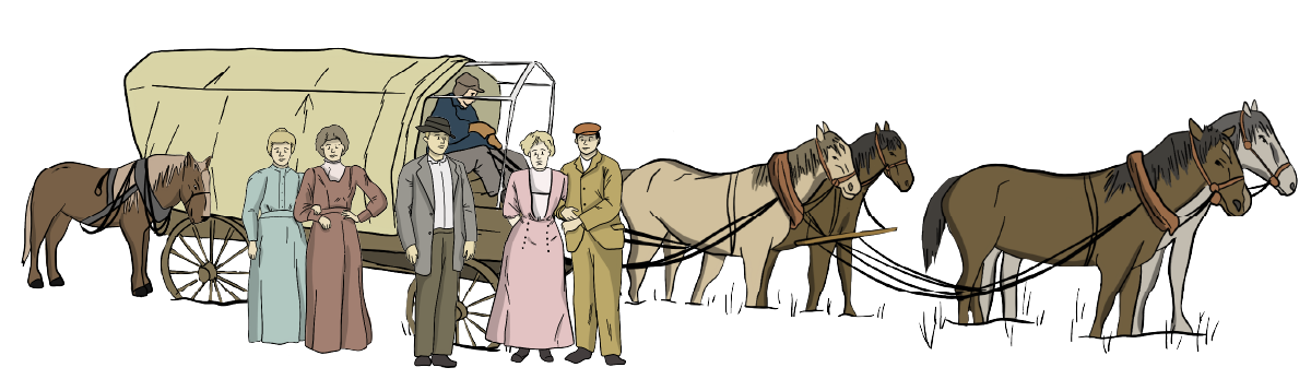 A group of illustrated settlers stand together with a wagon being pulled by horses in the background. 
