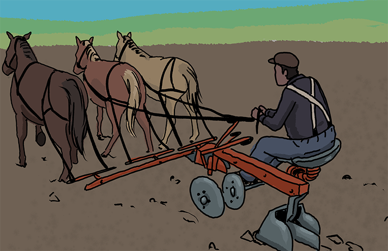 An illustrated farmer sits on a seeder as it is being pulled by three horses.