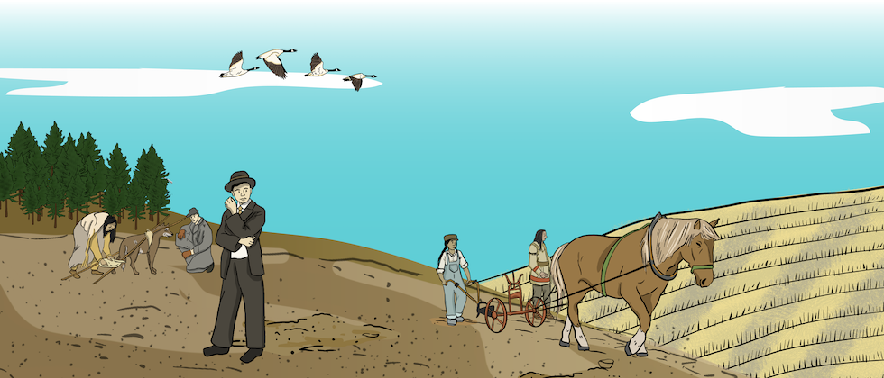 An illustrated group of Indigenous men are farming a field using a horse and plow. A White man stands in the foreground wearing a suit.