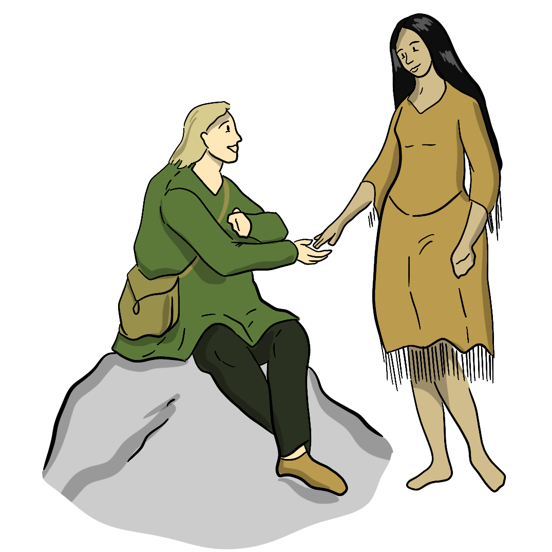 This French settler is proposing to a First Nations woman. Their children will be known as Metis.