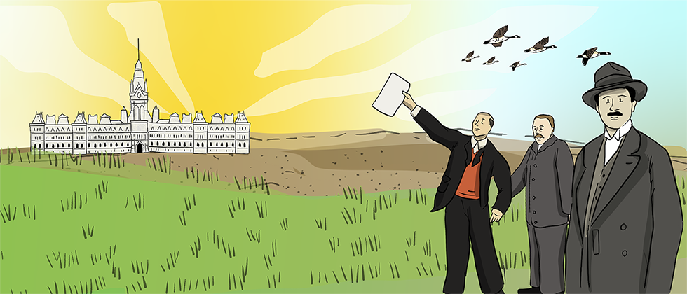 An illustrated group of White men stand together with a government building in the background.