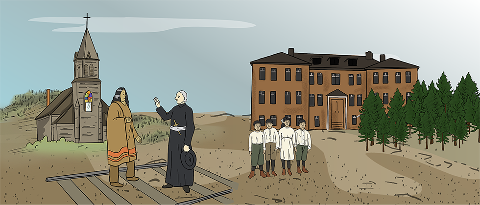 An illustrated First Nations man is trading furs to a fur trader for a pot and kettle. There is a trading post and a boat of fur traders in the background.