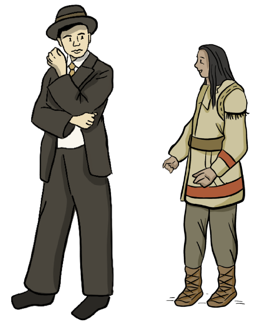 An illustrated Indigenous man talks to a White person. 