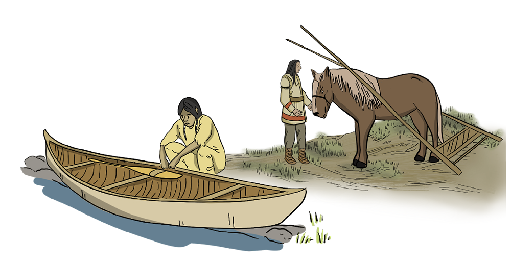 An illustrated man is sitting next to a canoe in the water, while a First Nations man pets a horse in the background.