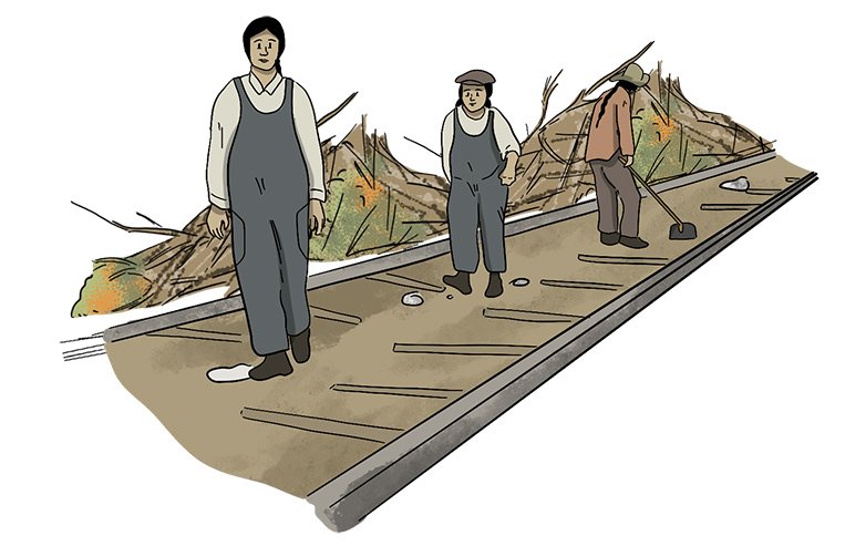 Three illustrated people are working on the railway. There are piles of dirt and branches in the background.