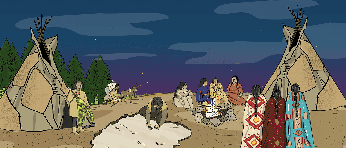 A group of illustrated Indigenous people are picking berries from bushes, while another couple of men have hunted a moose.