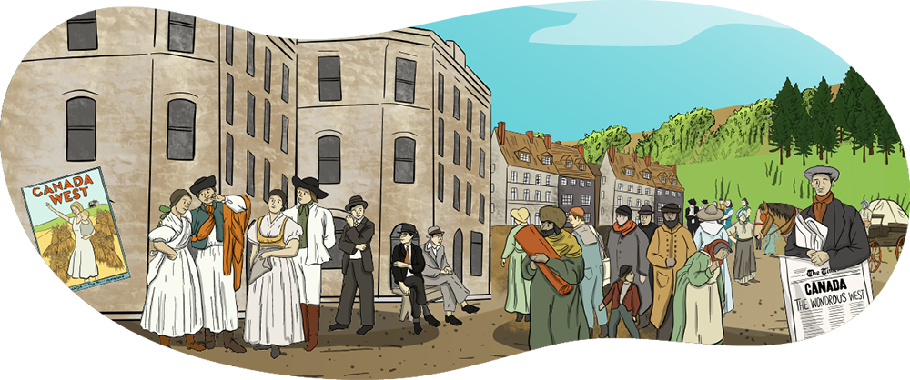 Many illustrated people are grouped together with a row of stone buildings in and trees in the background.